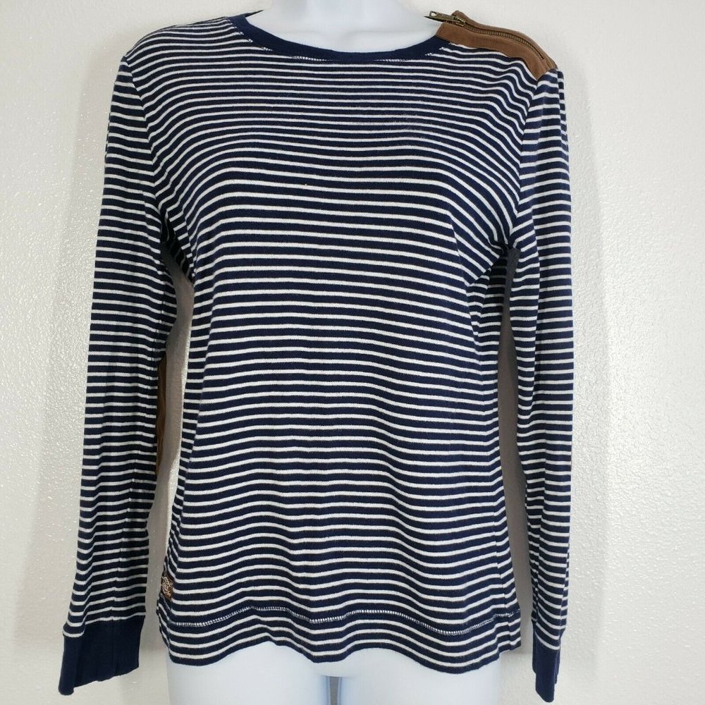 Lauren Ralph Lauren Womens top blue White Striped leather patch Shirt Medium‎ - Picture 3 of 10